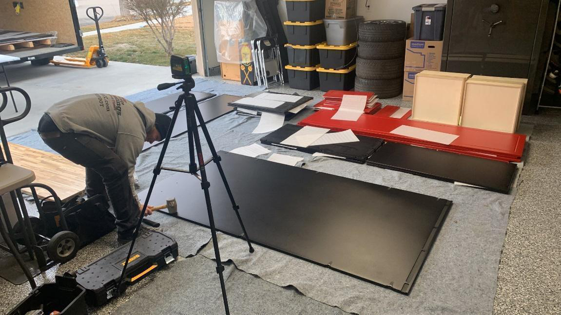 Organized cabinet setup with protective blankets